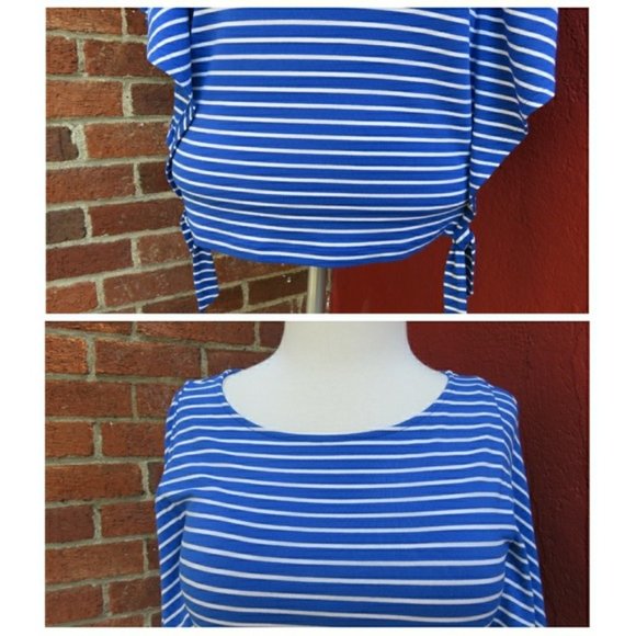 Chico's Cute Stripe Tie Waist Drapey Dolman Sleeve Stretch Top Blue Small NEW - Picture 4 of 7